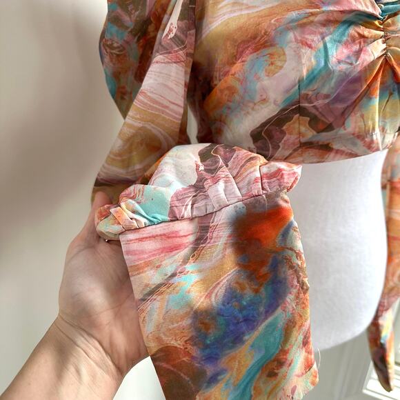 Festival Pastel Marble Boho Fairy Ruched Crop Blouse Long Sleeve 4 / Small NWT - Picture 6 of 10